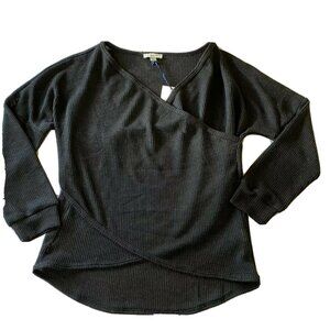 Stellah Womens Black Wrap Style Long Sleeve Top 100% Polyester L